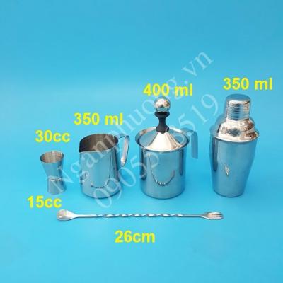 COMBO 5 DỤNG CỤ PHA CHẾ INOX QUẦY CÀ PHÊ, SINH TỐ (SHAKER INOX 350ML)