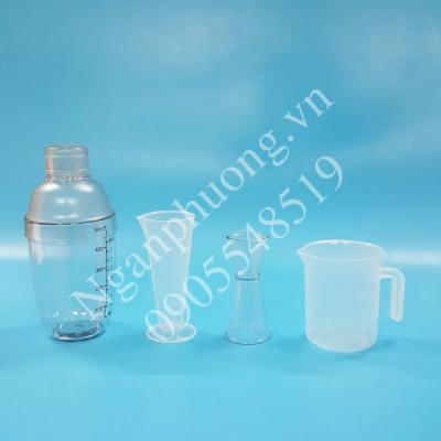 BỘ 4 DỤNG CỤ PHA CHẾ (SHAKER 530ML IN, LY 100ML, CA 250ML, LY 2 ĐẦU)